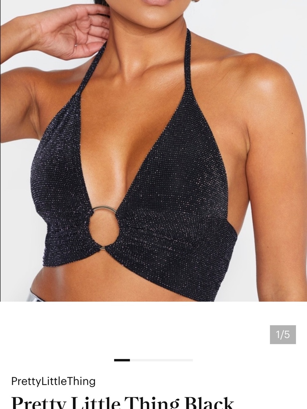 PrettyLittleThing Black Sparkle Halter Top with Silver Threading